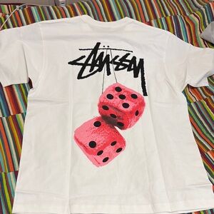 Stussy Fuzzy Dice t-shirt, double-sided graphic logo T-shirt, size large nwt